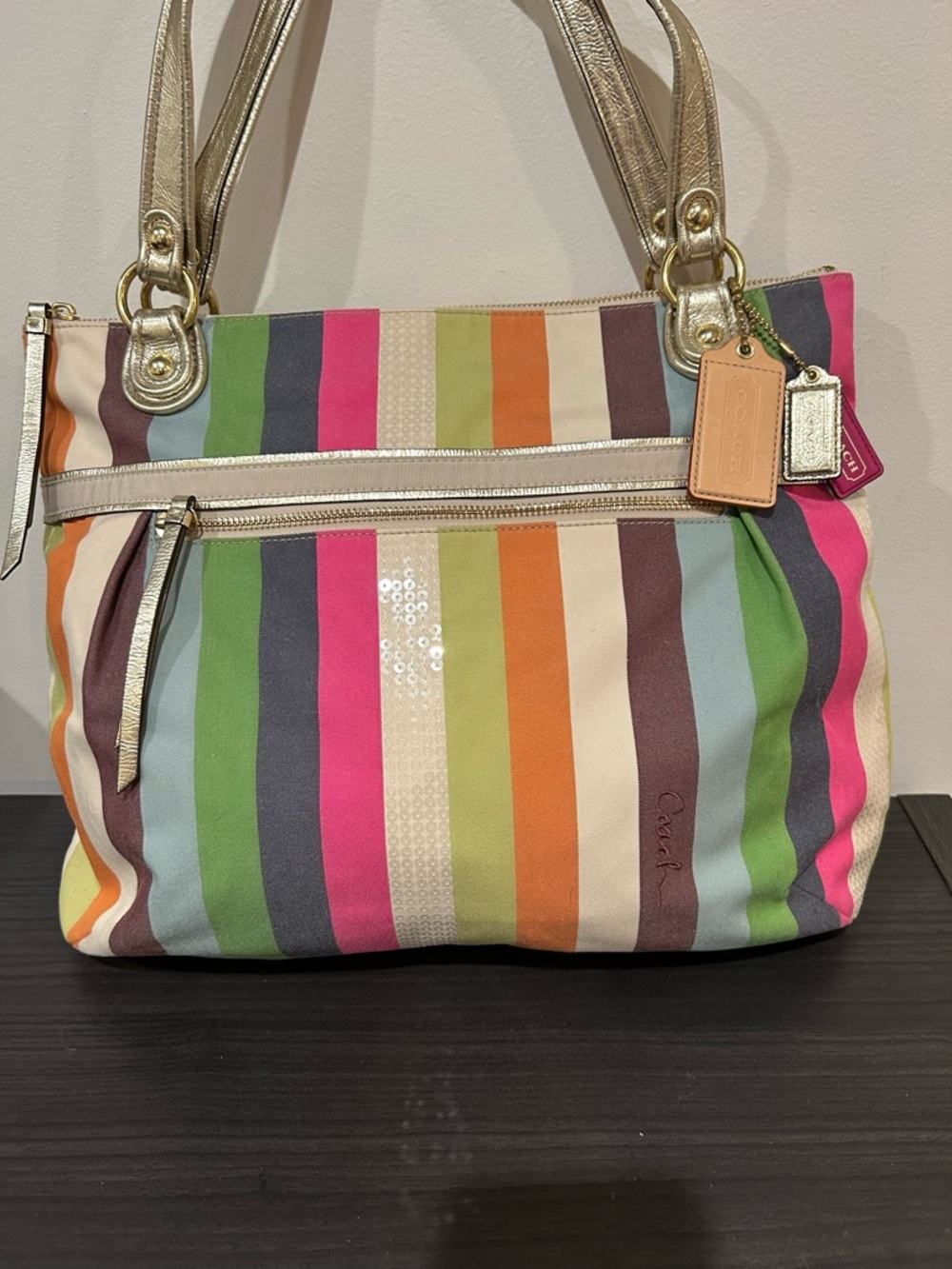 Coach Poppy Legacy Stripe Sequin Glam Tote EUC